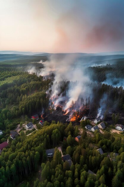 Generative AI illustration of forest and village in big summer fire due to lack of rainstop climate change