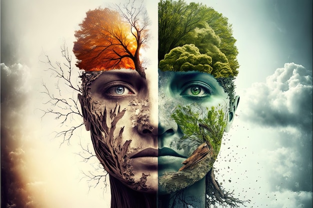 Generative AI illustration of the four temporal seasons in one face one frame one tree Nature concept Digitally generated image