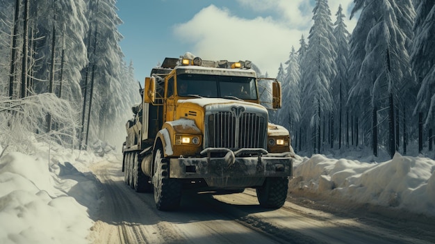 산림 도로를 가로지르는 화물 운송 트럭의 생성적 인 일러스트레이션