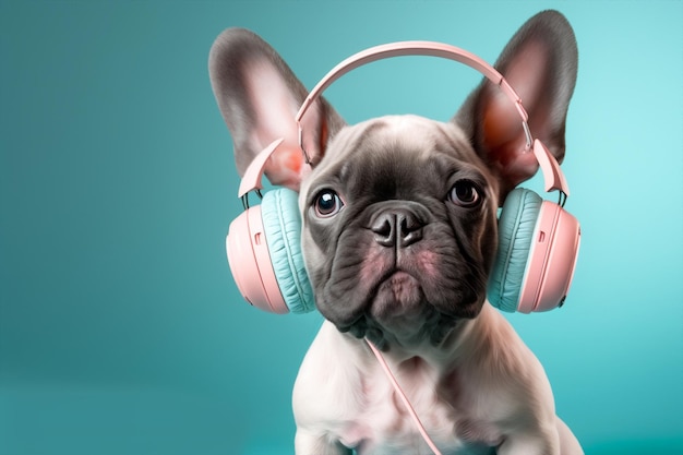 Generative ai illustration french bulldog dog listening music headphones