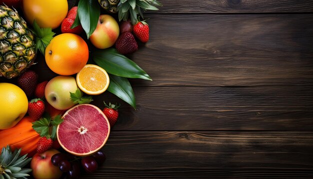 Generative ai illustration of fresh tropical fruits on dark rustic wooden background