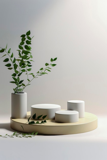 レンダリングされた画像から生成されたAIイラストレーション - 現代の3Dステージ設定デザイン - テーブル上の製品なし - 白い色 - 空の製品ディスプレイ - ユーカリの装飾 - 広告コンセプト