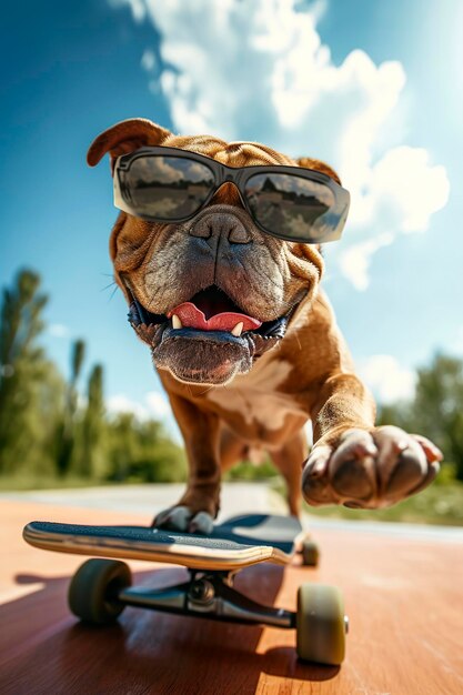 Foto illustrazione generativa di ai di un cane divertente con occhiali da sole che cavalca uno skateboard