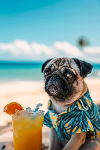 Generative AI illustration of funny pug dog on the beach