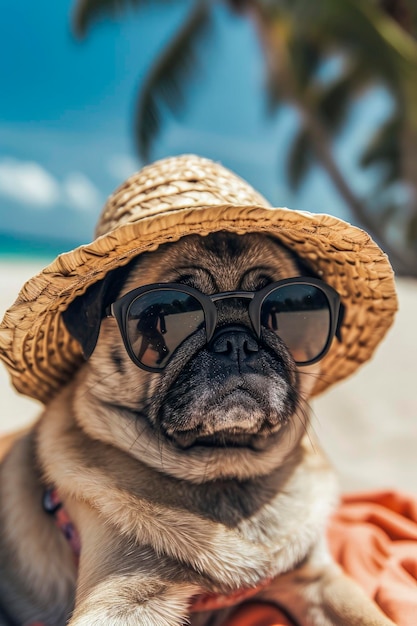 Generative AI illustration of funny pug dog on the beach