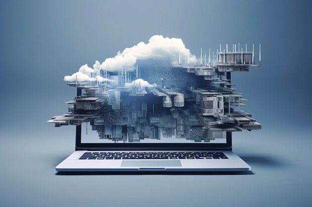 Photo generative ai illustration of futuristic architecture digital connection cloud informations informations code moves into laptop screen building information modeling