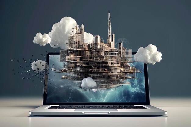 Generative AI illustration of futuristic architecture digital connection cloud informations informations code moves into laptop screen Building Information Modeling