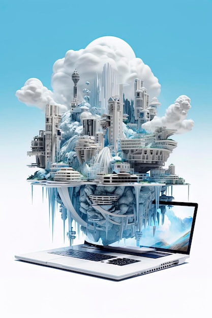 Generative AI illustration of futuristic architecture digital connection cloud informations informations code moves into laptop screen Building Information Modeling