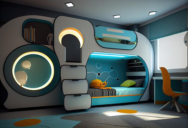 Generative ai illustration of futuristic interior design design a bedroom for two children with a bunk bed