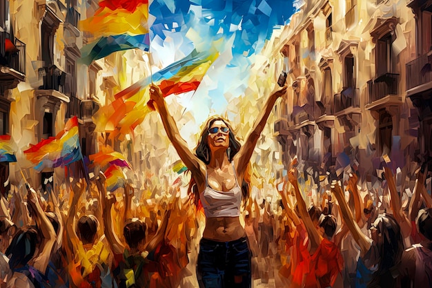 Generative AI illustration of gay and lesbian pride street celebration with rainbow flag in illustration styleLGBTDigital art
