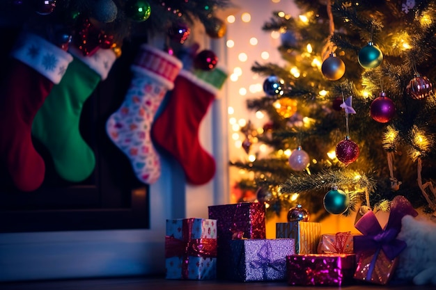 Генеративный AI иллюстрация подарочных коробок и носков, завернутых в блестящую бумагу под елкой с расфокусированным фоном Рождественская концепция