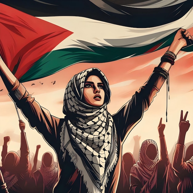 Photo generative ai illustration of a girl raising palestine flag in freedom protest
