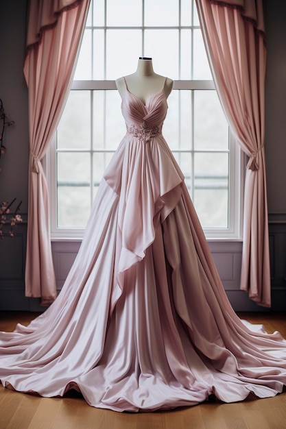 Generative AI illustration of gorgeous couture wedding dress in pink and blue pastel colors fashion wedding