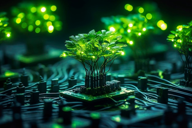 Generative AI illustration of green small plants growing on computer chip representing genetic engineering