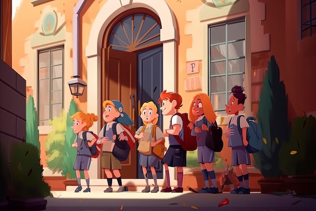 Generative AI illustration of Group of 10 year old students at the entrance of a school on the first day of class