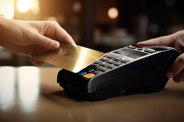 Генеративный AI иллюстрация руки, держащей золотую кредитную карту, проверяющей ее рядом с датафоном