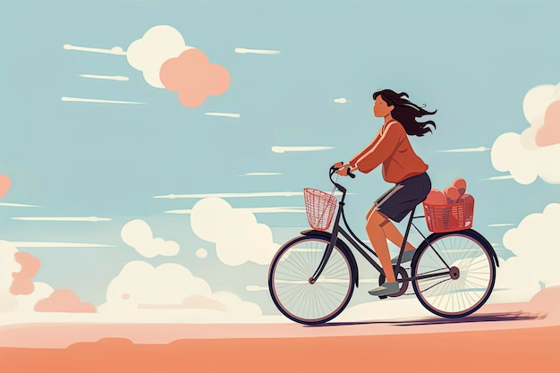 Generative AI illustration of Happy beautiful girl riding a bike with basketIn minimal vector illustration style Digital art