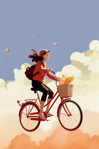 Generative AI illustration of Happy beautiful girl riding a bike with basketIn minimal vector illustration style Digital art