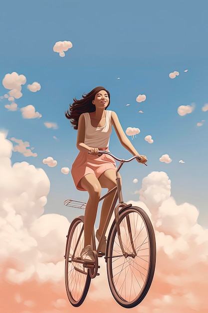 Generative AI illustration of Happy beautiful girl riding a bike with basketIn minimal vector illustration style Digital art