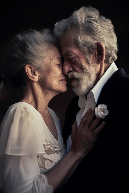 Generative AI illustration of happy Caucasian old couple in love embracing each other in elegant dresses Love