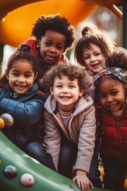 Generative ai illustration of happy diverse children in warm clothes playing on playground during weekend together having fun time