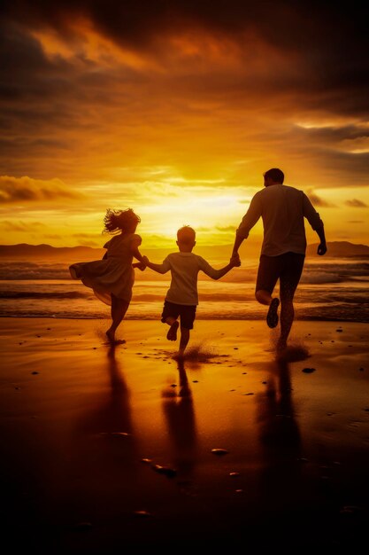 Generative AI illustration of happy family playing on the beach in the sunset light on the holidays family concept