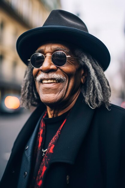 Generative AI illustration of Happy Old Black Man with dreadlocks and gray hairsunglasses and hat dressed elegantly walking through the city streets in winter Fashion