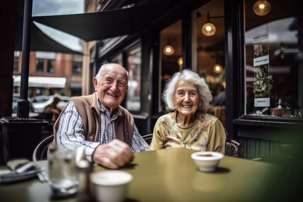 Генеративная ИИ иллюстрация счастливой старой белой пары, наслаждающейся выпивкой на террасе бара