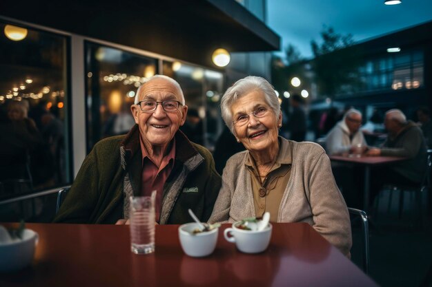 Generative AI illustration of happy old Caucasian couple enjoying having a drink on a bar terrace