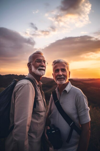 Foto illustrazione ai generativa di felice vecchia coppia gay innamorata in vacanza alla luce di un tramonto