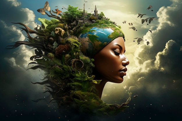 地球上の植物と緑の自然に囲まれた美しい女性の頭の生成 AI イラスト地球を救うための環境保護と持続可能性を表現
