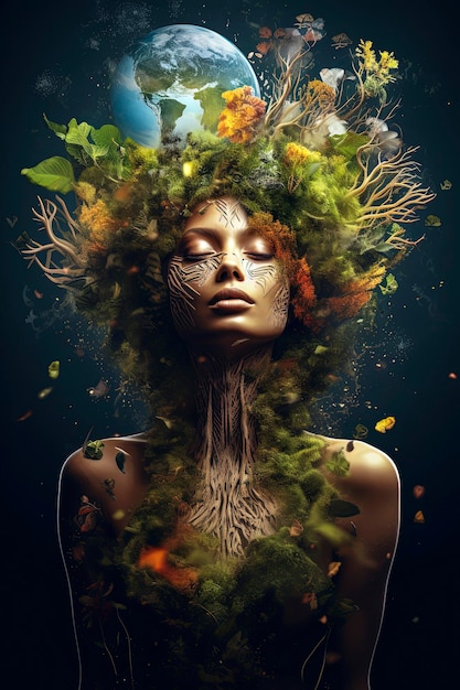 Генеративный AI иллюстрация головы красивой женщины, окруженной растениями и зеленой природой на планете Земля. Представляет защиту окружающей среды, окружающую среду и устойчивость для спасения планеты.