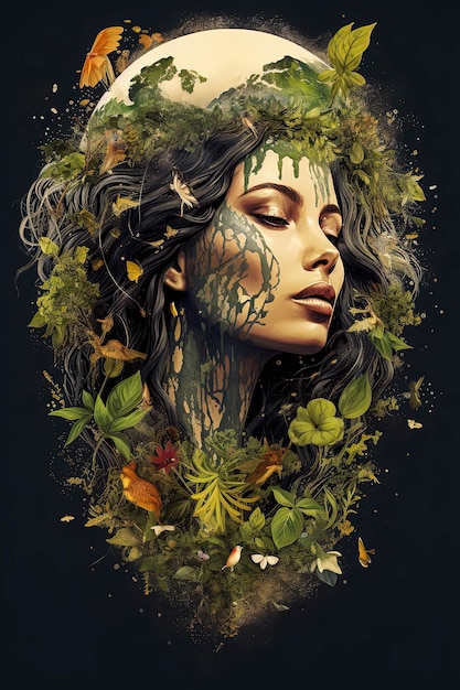 Generative AI illustration of Head of beautiful woman surrounded by plants and green nature on the planet earthRepresenting environmentalismenvironmet and sustainability to save the planet