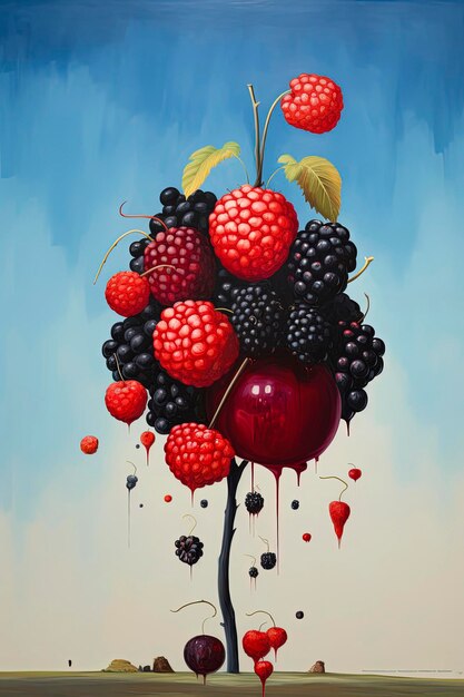 Generative AI illustration of healthy forest fruits blueberries blackberries berries currants In brightly colored illustration style Healthy food