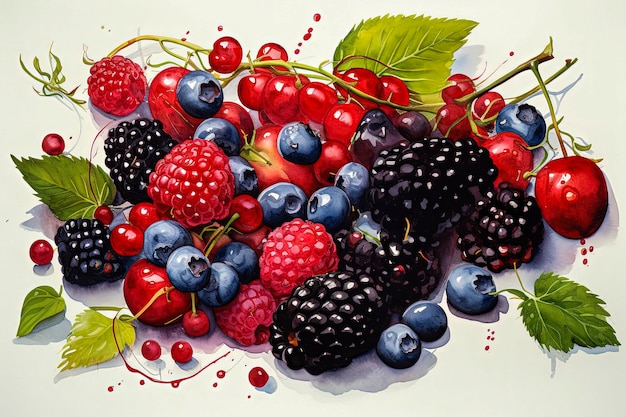 Генеративная ИИ иллюстрация здоровых лесных фруктов черника черника ягоды смоковницы в ярко окрашенном стиле иллюстрации здоровая еда