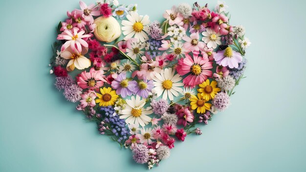 Photo generative ai illustration a heart shape made of wildflowers on a pastel blue background view from above