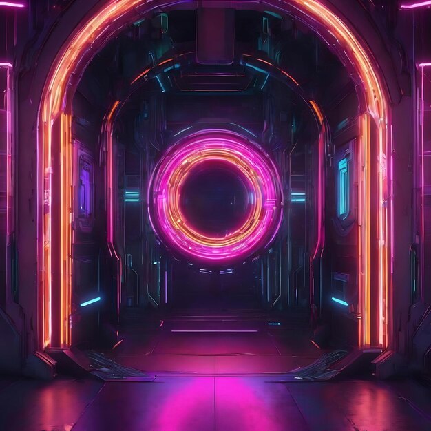 Generative ai illustration of high tech fantasy round portal neon light illumination entrance galaxy