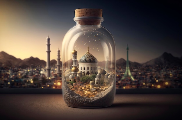 Generative AI illustration of the holy city of Mecca at night encased in a glass jar