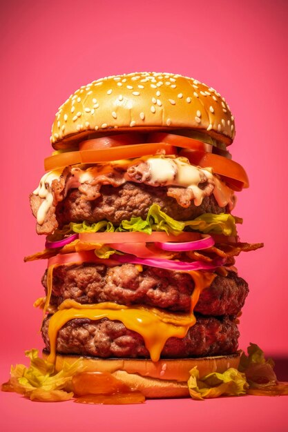 Generative ai illustration of homemade giant hamburger with colorful backgroundsfast foodamerican food