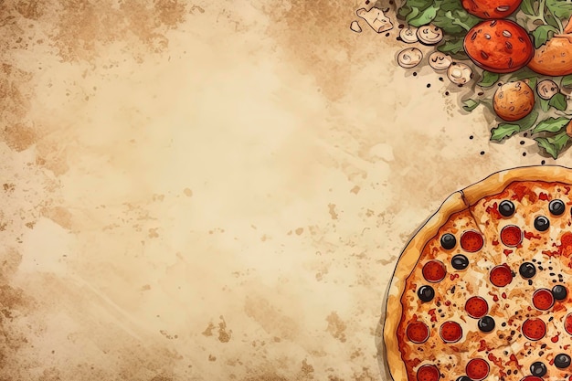 Illustrazione ai generativa di poster pubblicitari di pizza vegana fatta in casa in stile illustrazione vintage cibo italiano