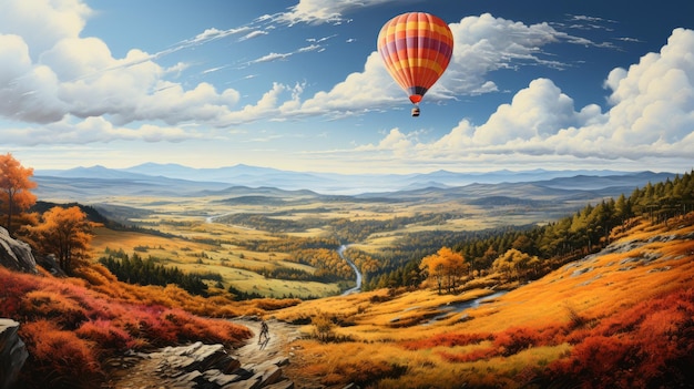 Generative ai illustration of a Hot air balloon in majestic landscape at sunset