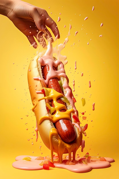 Generative AI illustration of hot dog with mustard and ketchup held by one hand on colorful background