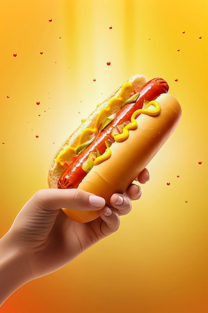 Generative AI illustration of hot dog with mustard and ketchup held by one hand on colorful background