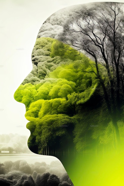 행성 환경 생각을 저장하기 위해 식물과 나무로 가득 찬 인간 머리의 생성 AI 그림