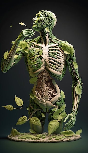 Generative AI illustration of a human skeleton with green leafs