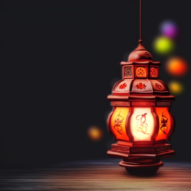 Generative AI Illustration of Illuminate Arabic Lamp on Shiny Wooden Background and Copy Space Eid Mubarak Concept