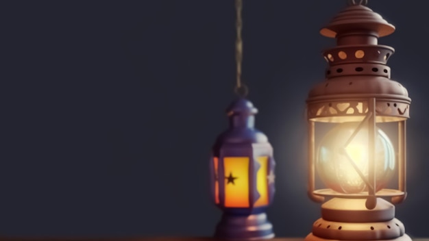 Generative AI Illustration of Illuminate Arabic Lamps on Grey Background and Copy Space Eid Mubarak Concept