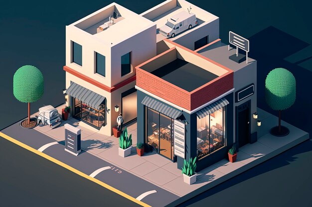 Generative AI illustration of Isometric buildings concept of business analysis and purchasing and sales consulting