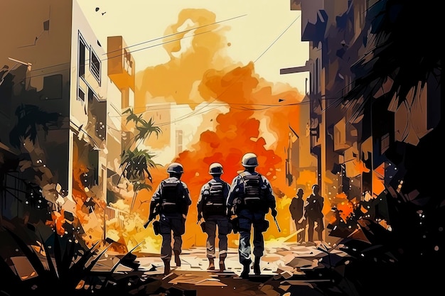 Generative AI illustration of Israeli soldiers patrolling the Gaza Strip among ruins bombs and fire Israel War