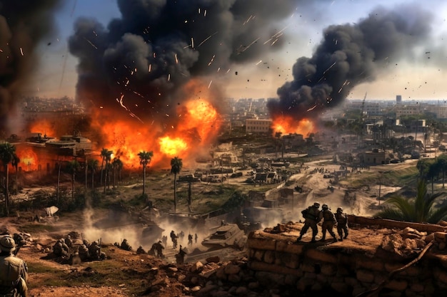 Generative Ai illustration of Israeli soldiers surrounded by Bombings ruins and fire in Palestine Israel War